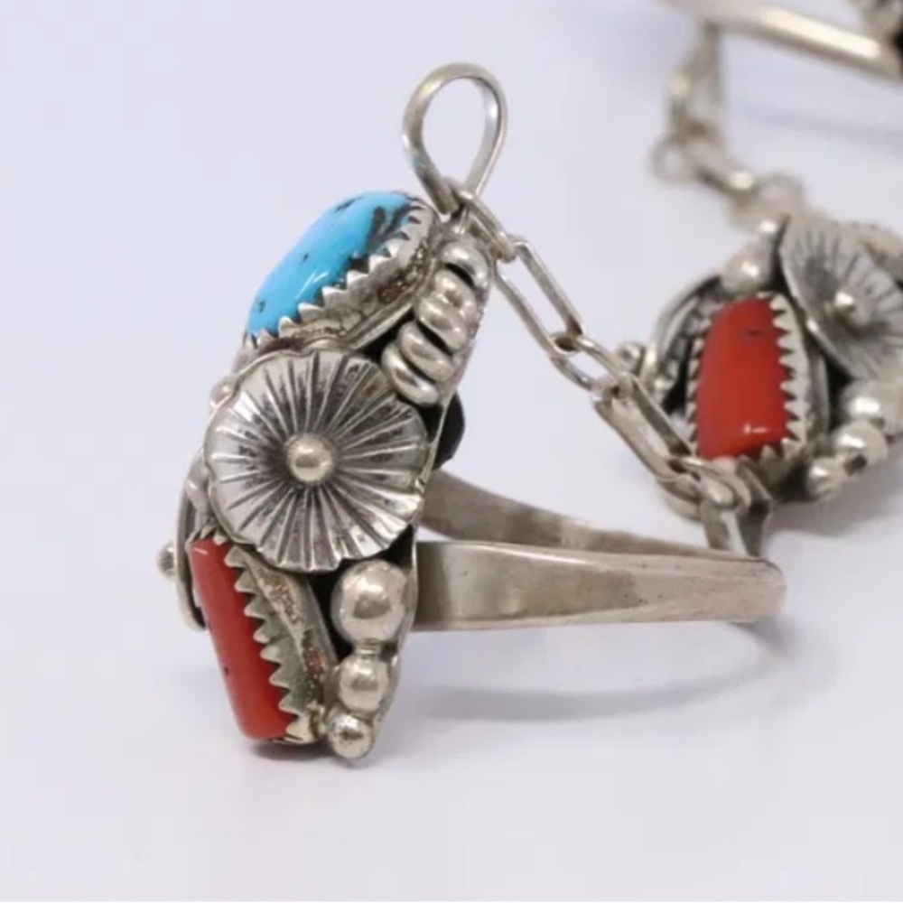 Sterling Silver Turquoise Coral Slave bracelet Ring Navajo Handmade Max C